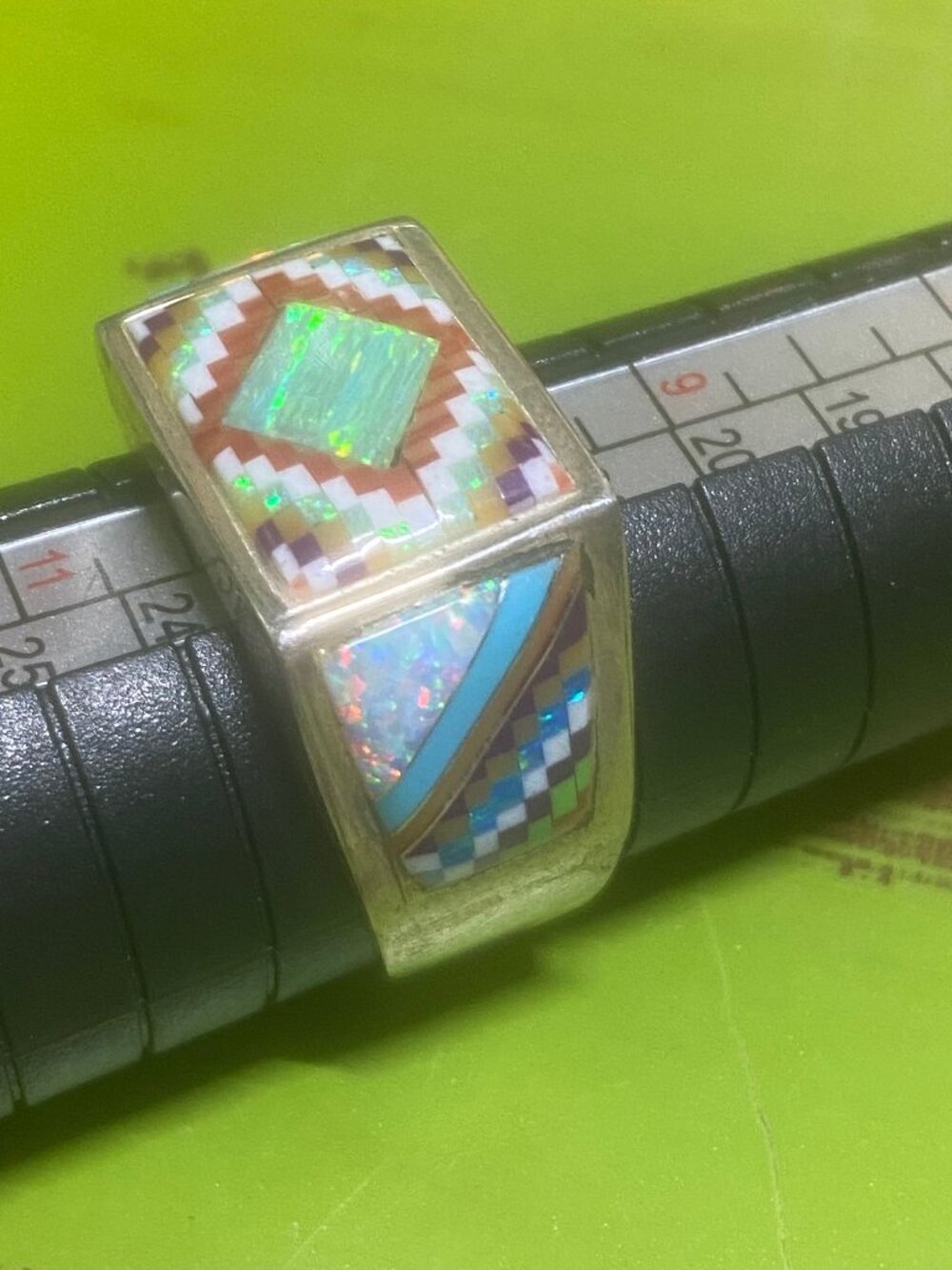 Zuni Men's Ring Size 10 1/2 Inlay Sterling Silver Opal Native American Ethnic - Picture 4 of 12